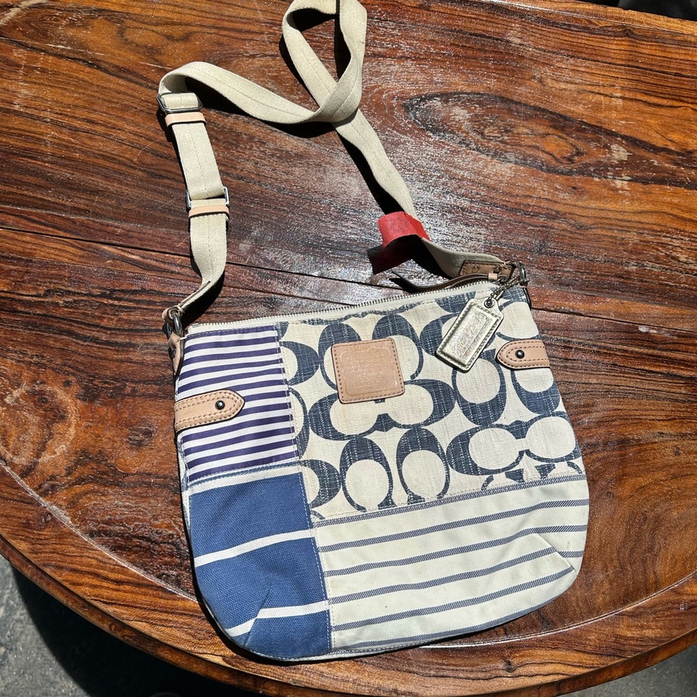 2010s Coach Blue and Cream Crossbody Bag with Signature Design